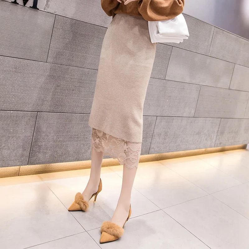 

2019 Autumn And Winter Autumn High-waisted And Negative Double Purpose Knitted Dress Skirt Slit Mid-length Skirt