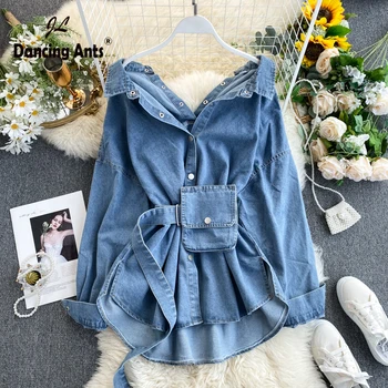 

Woman Jeans Jacket Long Sleeve Turn-down Collar Lace Up Denim Coat Vintage Solid Backless Asymmetric Length Sexy Denim Outwear