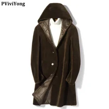 PViviYong зимняя высококачественная мужская кожаная куртка, настоящий овечий стриженый мех, парка с капюшоном, мужская одежда P198021