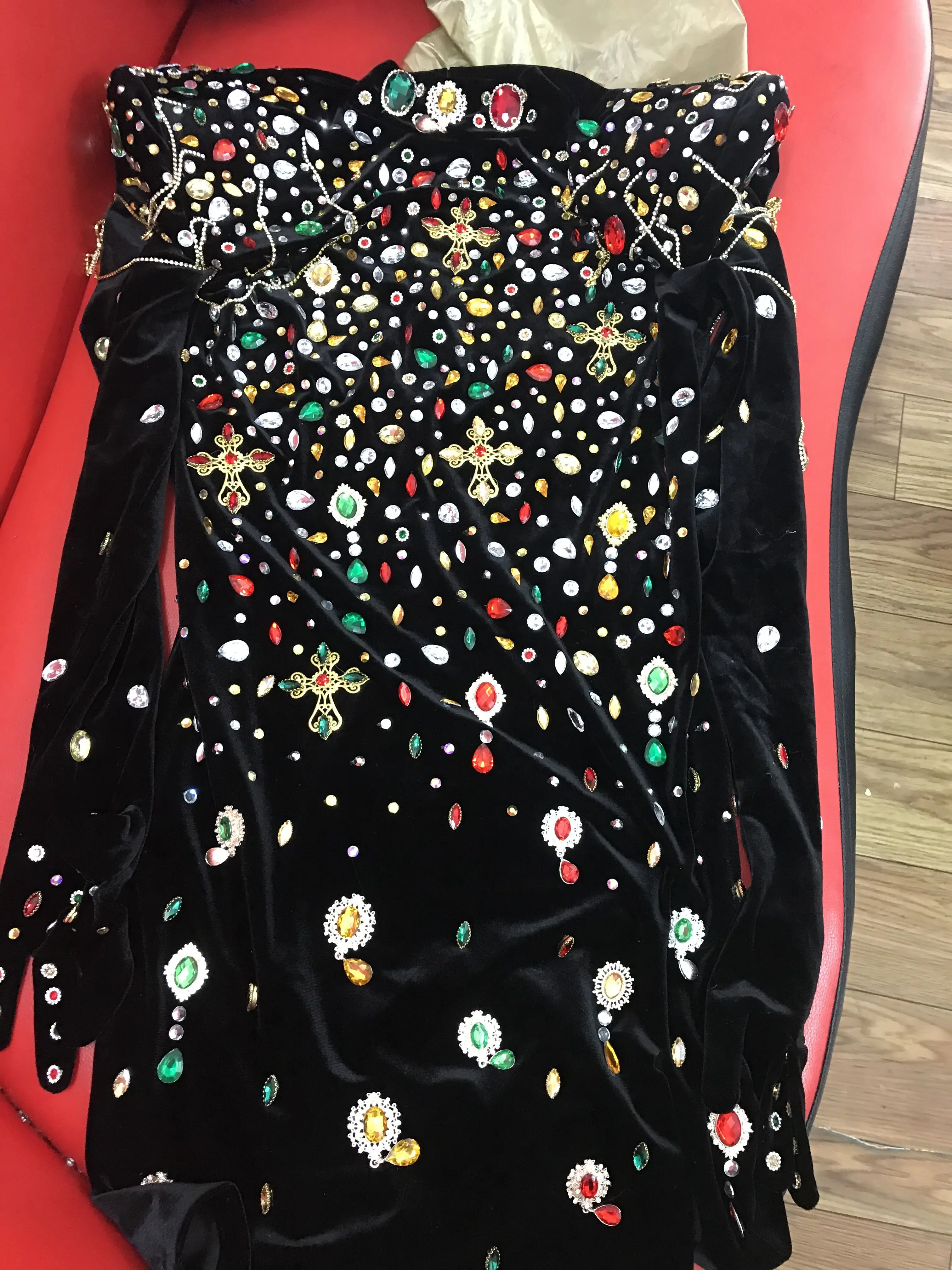 Multicolor Crystals Turtleneck Black Velvet Dress Prom Evening Sexy Crystals Dance Costume Birthday Long Sleeves Gloves Dresses