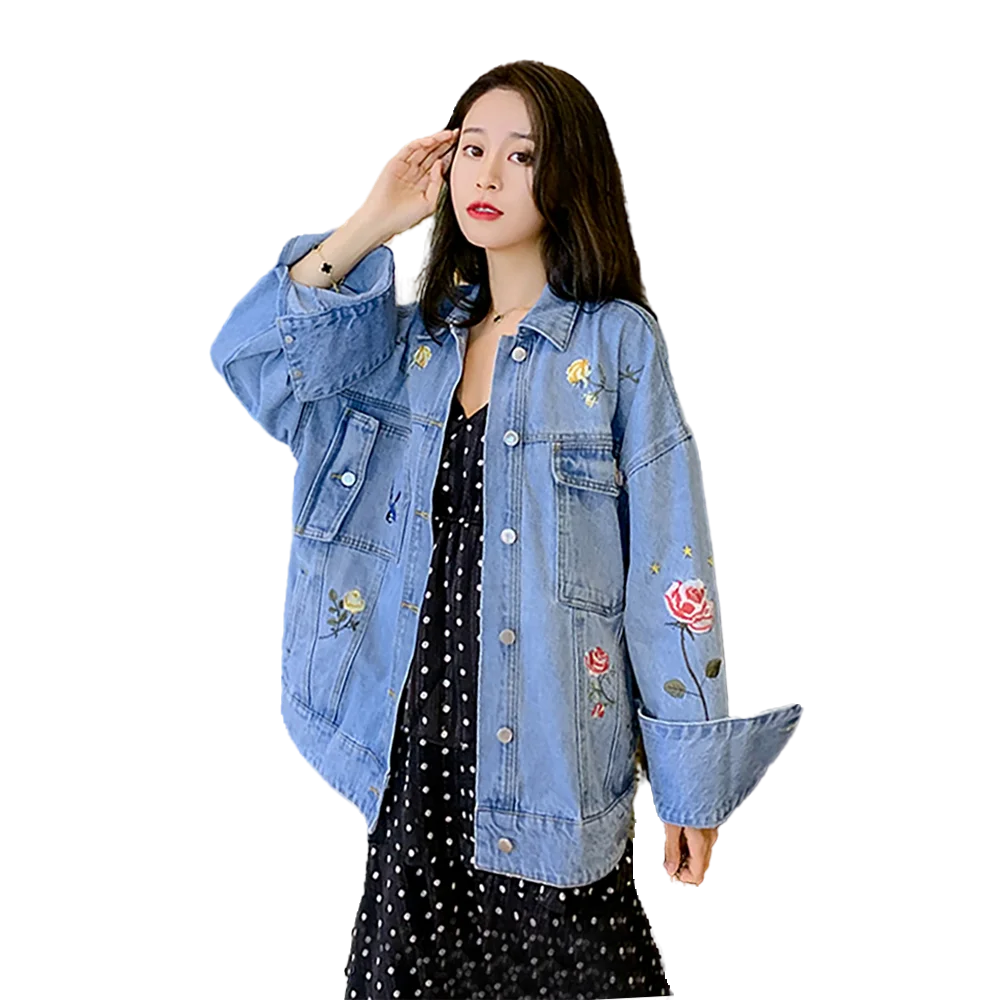 2019 Autumn New Embroidered Blue Jean Coat Female Floral Embroidery Loose Long Sleeve Women Denim Jackets top Woman Clothes | Женская