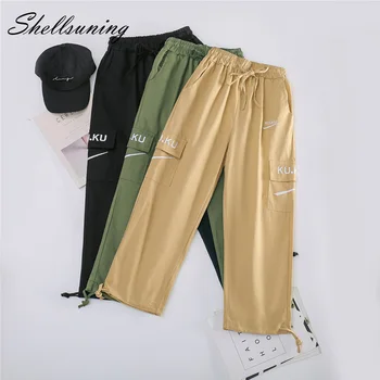 

Shellsuning Letter Cargo Pants Women Hiphop Overalls Female Loose Bf Harajuku Straight INS Beam Leg Pants Streetwear Trousers