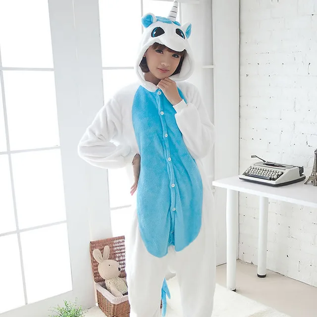 Кигуруми Единорог пижамы onesie для женщин и мужчин зимние Фланелевые животных пижамы костюм для тематической вечеринки взрослых ночнушка единорог пижамы комбинезон - Цвет: Blue Unicorn