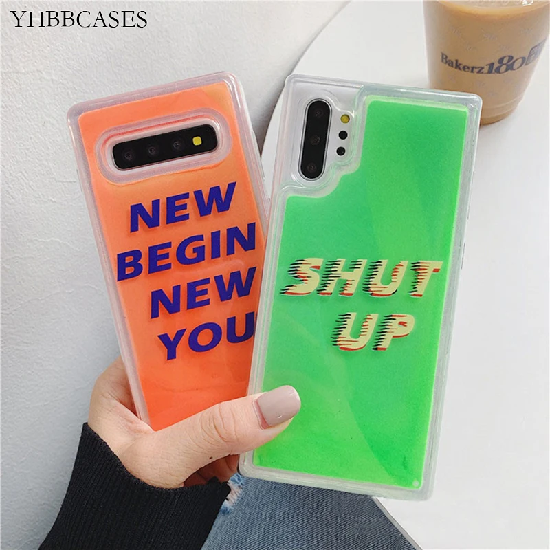 

YHBBCASES Luminous Neon Sand Phone Cover For Samsung Note 10 Plus Note 8 Note 9 Glow In The Dark Liquid Glitter Quicksand Cases For Samsung Galaxy S8 S9 S10 Plus Letter Club Fashion Phone Case