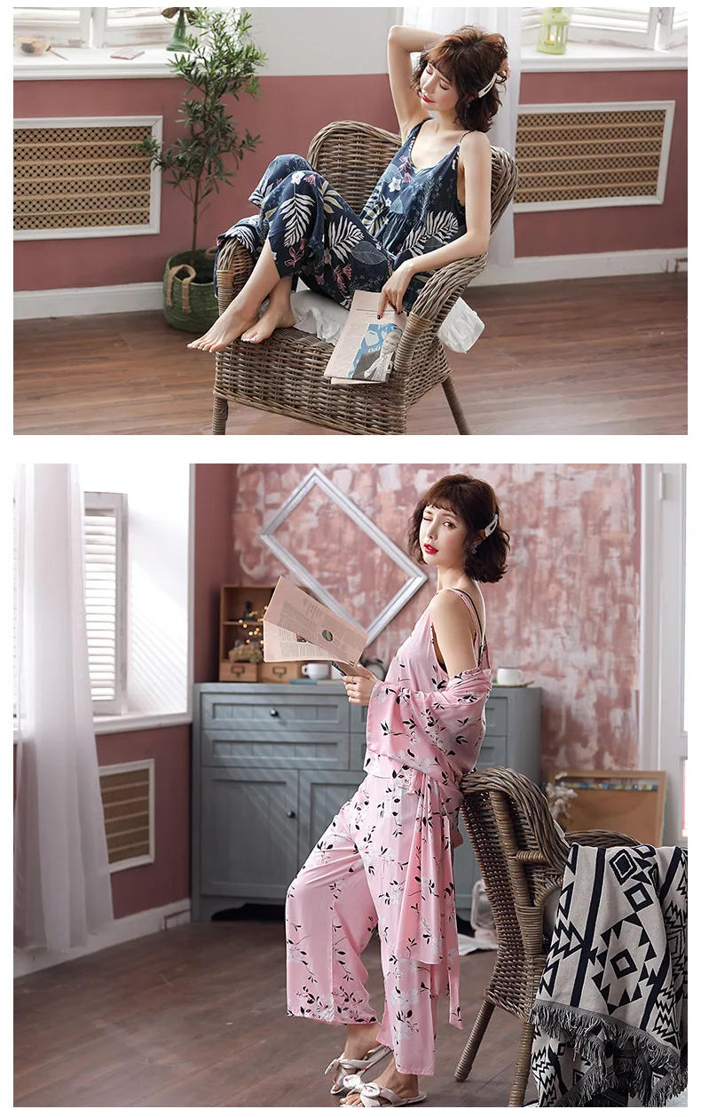 Spring 3 PCS Women Flower Print Pajamas Sets With Pants Cute Cotton Pyjama Spaghetti Strap Nightwear Sleepwear Pijama