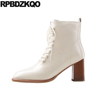 

beige shoes front lace up casual ankle boots autumn luxury winter fur 2019 high heel women short square toe chunky new booties