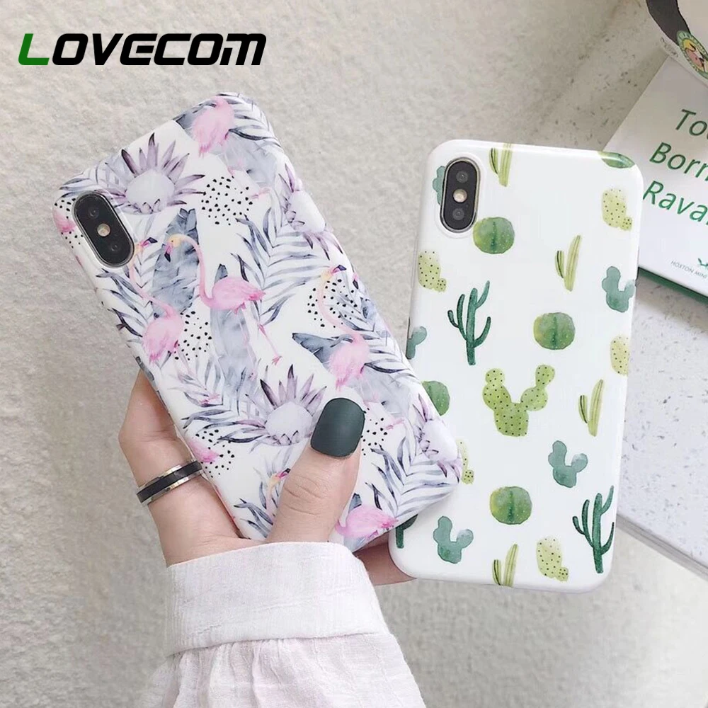 

LOVECOM Phone Case For iPhone XR XS Max 6 6S 7 8 Plus X Cute Flamingo Leaf Cactus Matte Soft IMD Full Body Back Cover Coque Gift