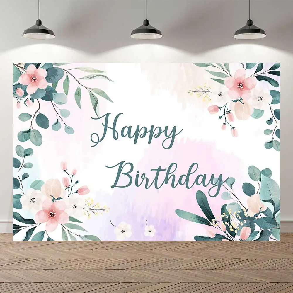 

NeoBack Happy Birthday Baby Shower Watercolor Flowers Leaf Colorful Beautiful Party Banner Photo Backdrop Photography Background