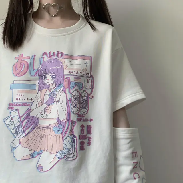 Streetwear japonês e menina anime tshirt roupas com capa de braço