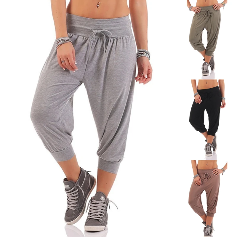 Women Casual Harem Pants Solid Loose Joggers 3/4 Pants Female Capri Pants Calf-Length Drawstring Trousers Street Wear Trouser nike capri leggings