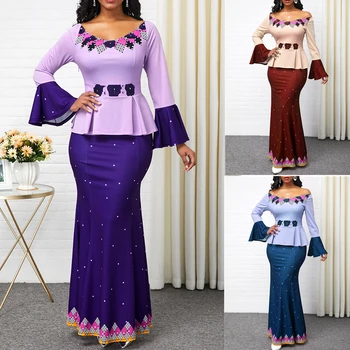 

African Women Elegant Dresses 2020 Plus Size Bell Sleeve Sexy Fish Tail Maxi Evening Party Bazin Ankara Slim Lady Long Dress