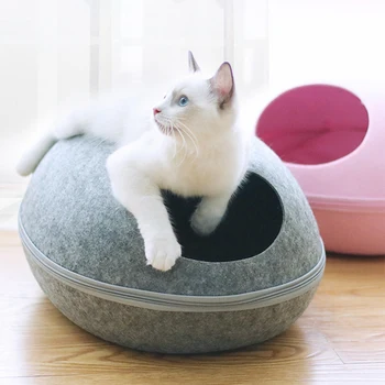 

Lovely Cat Bed Pet Cave Sleeping Bag Zipper Egg Shape Cat kennel Felt Cloth Basket Kitten Beds Nest Cats House for Pet Products