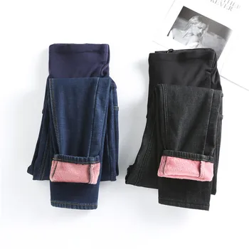 

1082# Winter Thicken Warm With Velvet Denim Maternity Jeans High Waist Belly Pencil Pants for Pregnant Women Pregnancy Trousers