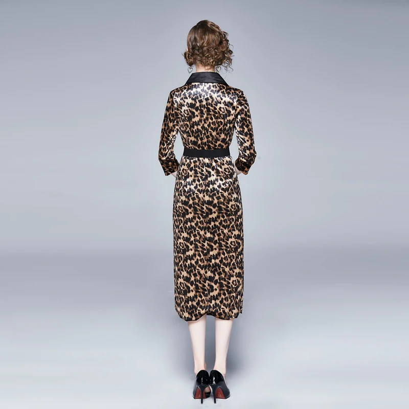 Banulin Runway Autumn Winter Long Sleeve Long Dress Women's Notched Neck Vintage Leopard Printed Office Lady Dresses Vestdios
