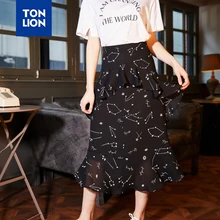 TONLION 4 Style Available Chiffon Skirts Long Ankle Length Black and White Ruffles Skirt Women Print Ruffles 2020 Spring Summer