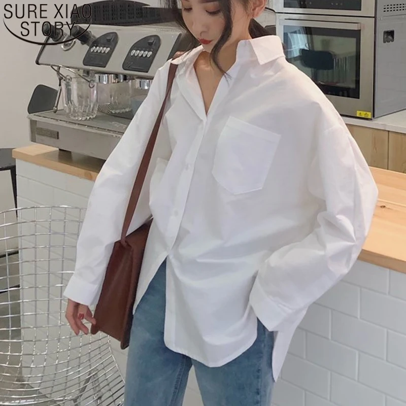

Casual Turn-down Collar Women White Shirt Cotton 2020 Spring Autumn Vintage Ladies Tops Long Sleeve Women's Loose Blouses 11456