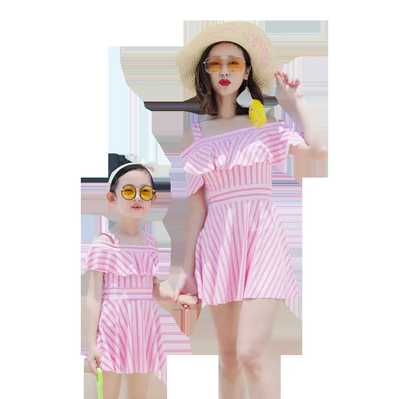 

2018 Parent And Child Tour Bathing Suit Mother & Daughter Swimwear Dress-Slimming GIRL'S Swimsuit Stripes Family Pack New Style