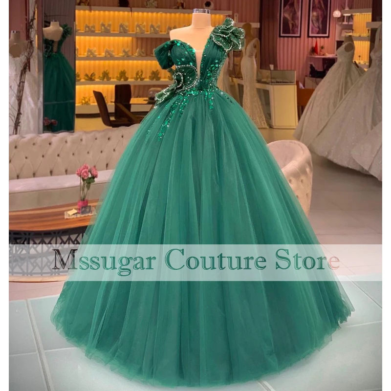 2021 Charming Green Prom Dresses Robe De bal Beading One Shoulder Tulle Celebrity Dress Custom Made