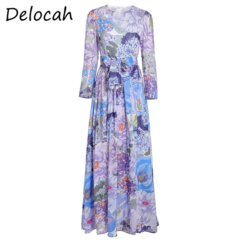

Delocah Women Fashion Autumn DesignerÂ Party Long Dress Bow Sashes Floral Print High Waist Ladies Chiffon A-Line Dresses vestidos
