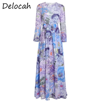 

Delocah Women Fashion Autumn Designer Party Long Dress Bow Sashes Floral Print High Waist Ladies Chiffon A-Line Dresses vestidos