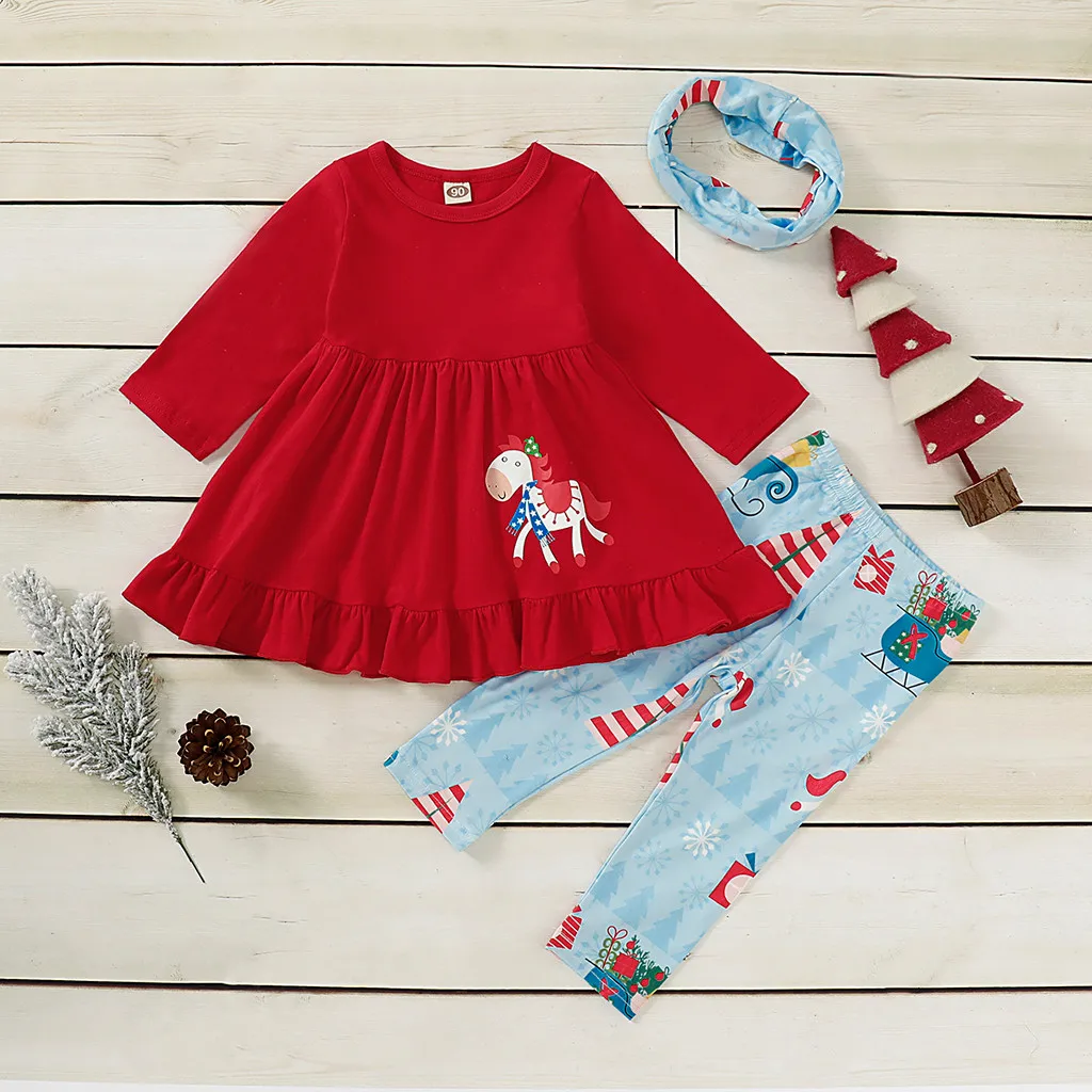 Рождественский комплект одежды для маленьких девочек платье с длинными рукавами и рисунком топы, Синий Рождественский принт, штаны шарф, комплект из 3 предметов,# Y1