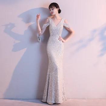 

Women V-Neck Evening Dress Bling Sequins Fishtail Prom Gown Sexy Slim Full Length Evening Party Gown Noble Long Cheongsam
