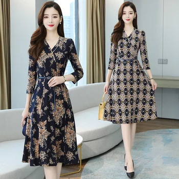 

Free Shipping Women Autumn Temperament Young Style Print V-neck Midi Robe Dress Vestidos Women's Dresses Plus Size 4xl Clothes