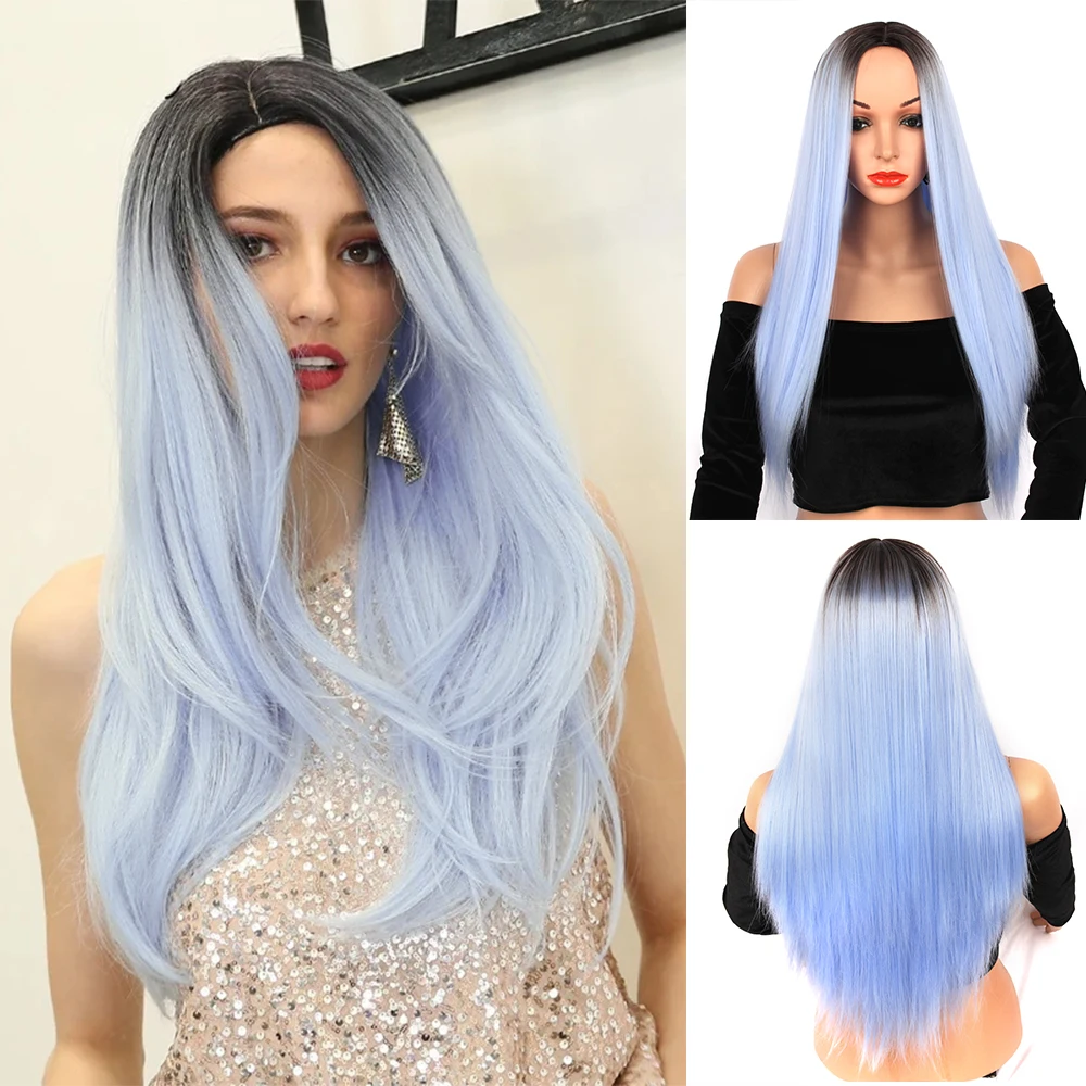 

24inches Brazilian Black Ombre Blue Long Straight Synthetic Hair Wig For Women Cosplay Wigs Heat Resistant Middle Part Wigs