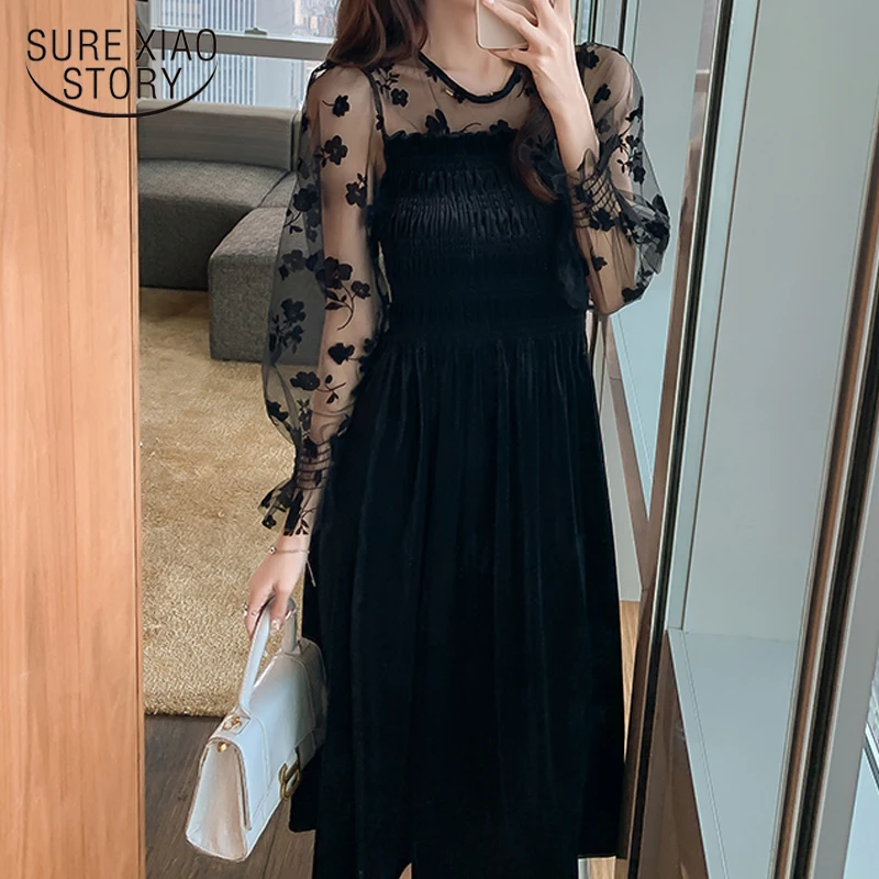 

Spring Sexy Dress Women Korean Mesh Velvet Autumn Winter New Midi Black Dress Embroidery Vintage Ladies Dresses Vestidos 12557