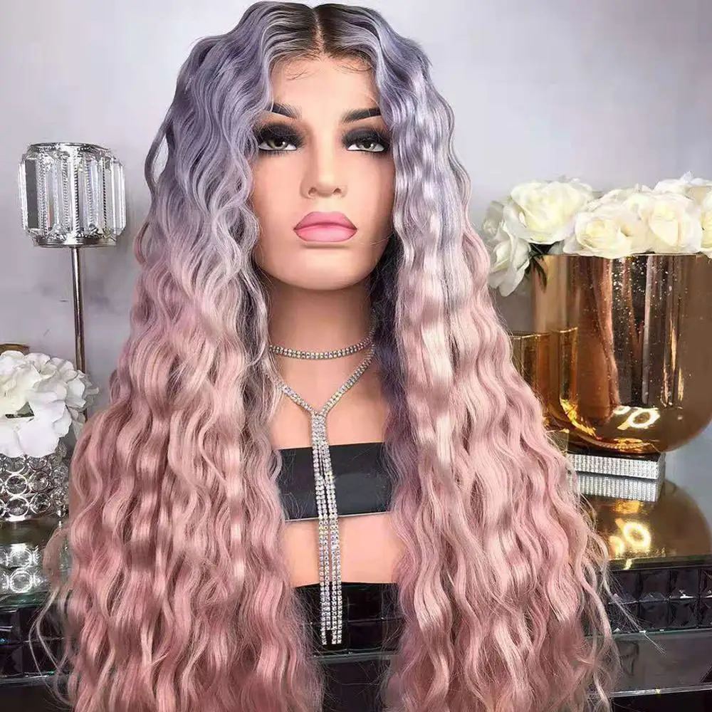 

Women Girl Lady Colored Human Curly Wavy Long Hair Wig Synthetic Party Anime Cosplay Photo Props Gradient Full Wigs Pink Color
