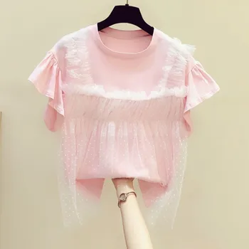 

2020 Summer Pink T-shirt Womens T-shirts New Sweet Polka Dot Mesh Sling Spell Round Neck Short Sleeve T-shirt Girls Students Tee