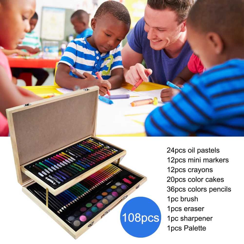 

108 Pcs School Crayon Brush Wooden Box Portable Art Painting Set Birthday Gift Drawing Children Office Color Pencils