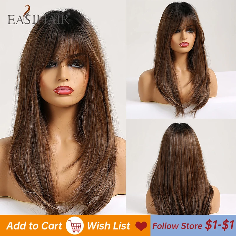 EASIHAIR-Peluca larga lisa con flequillo sintética, marrón o negro, ombre, cabello natural, uso diario, resistente al calor