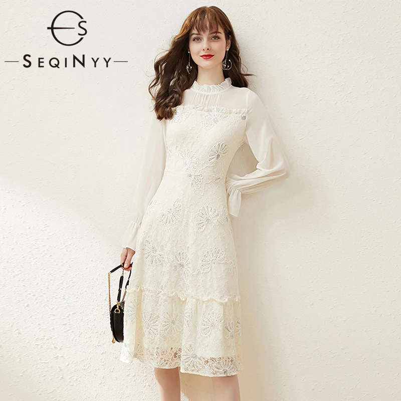 

SEQINYY Sweet Dress 2020 Summer Spring New Fashion Design Women Sequins Lace Flowers Chiffon Beige Elegant Knee Dress
