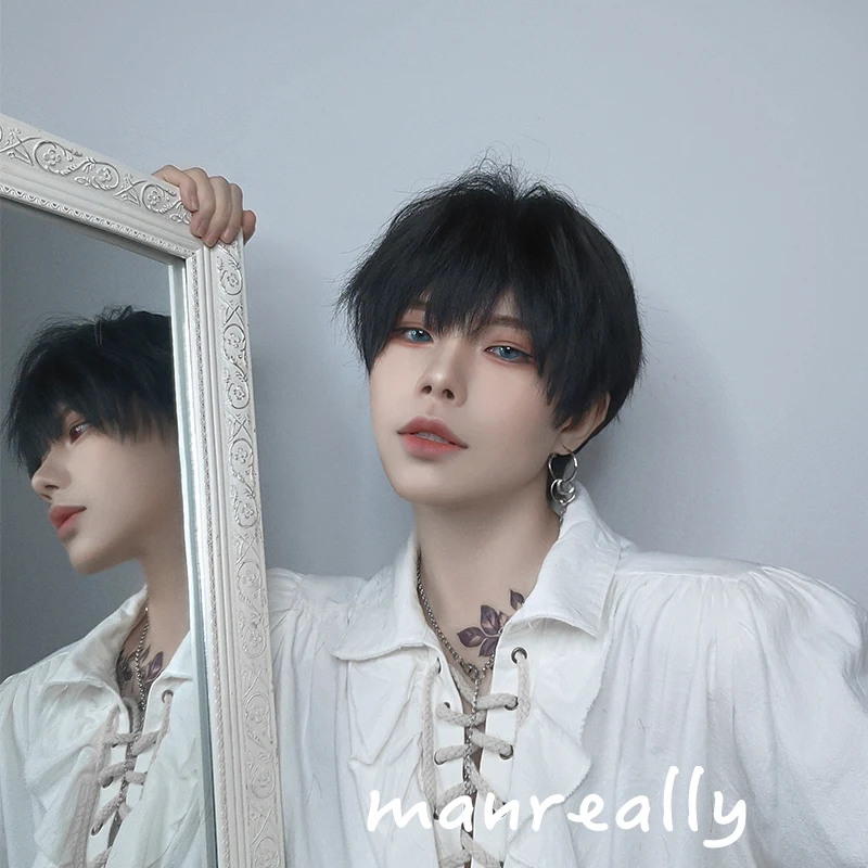 Synthetic Wig Ailiade Black Men's 12" Short Straight With Bangs For Women Male Boy Cosplay Anime Party Daily Costume