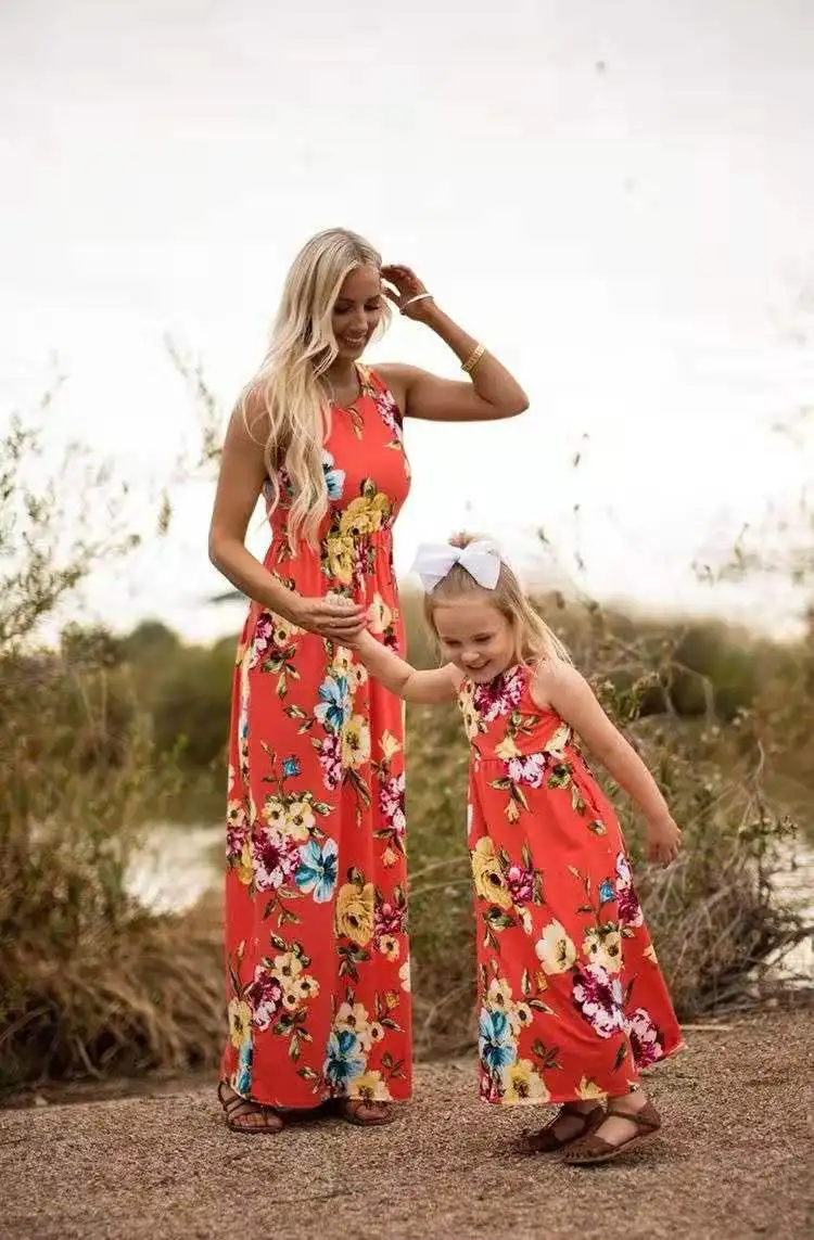 

Summer Mother-daughter Parent-child Vest Dress Long Skirt Round Neck Sleeveless Printed Mother-daughter Dress