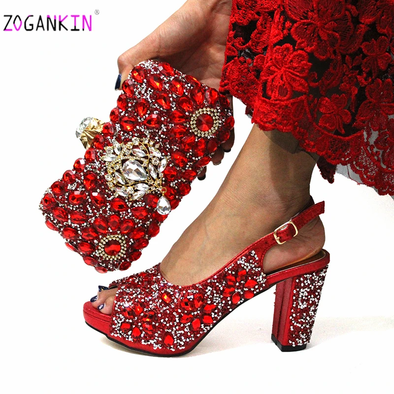 

Fashionable African Shoes and Bag Set Italian Sets Red Color Nigerian Shoes with Matching Bags for Royal Wedding Party