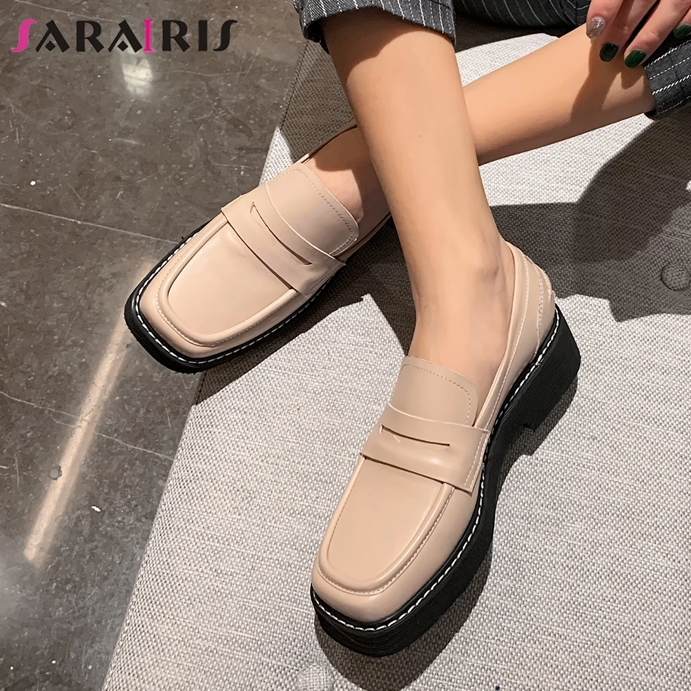 

SARAIRIS Brand Female Platform Chunky Heel Square Toe Flats Spring Slip On Genuine Leather Flats Women Sewing Shoes Woman