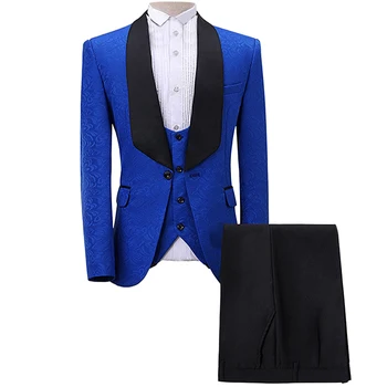 

[XZ102] Elegant Wedding Groomsmen Tuxedo Shawl Lapel Dinner Party Men Jacquard Vintage Gentlemen Suit 3pc (Blazer+Pants+Vest)