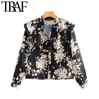 

TRAF Women Vintage Stylish Office Lady Floral Print Ruffles Blouses Fashion V Neck Long Sleeve Female Shirts Blusas Chic Tops