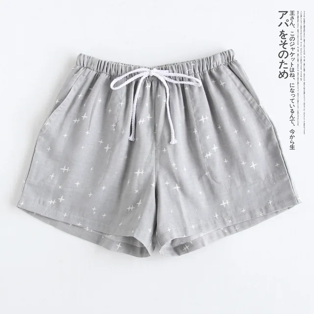 Couple pajamas summer cotton gauze shorts Japanese style simple elastic waist casual large size lattice men and women home pants Lady gray stars