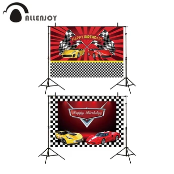 

Allenjoy Boy Backdrop Supplies Racing Cars Happy Birthday Sports Black White Plaid Party Banners Econ Polyesterv Event Photocall