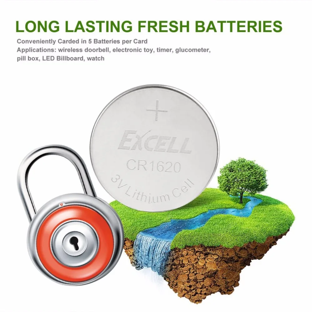 EXCELL 5 шт. 3 в CR1620 литиевая монета батарея для беспроводной дверной звонок электронная игрушка таймер глюкометр светодиодный рекламный щит