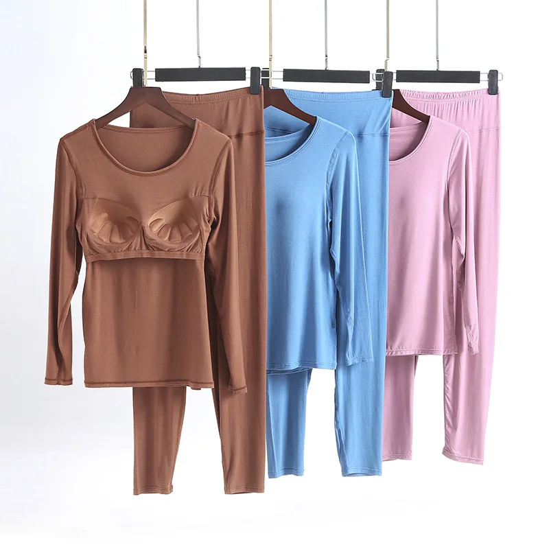 

2020 Women Pajamas Set with Chest Pad Suit Long-Sleeved Pants Autumn and Winter Leisure Tops Loose Plus-sized Sleepwear Modal