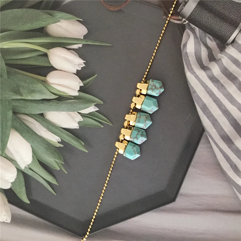 Classic Gold Color Plating Green White Marble Small Stone Strand Pendant Necklace For Women Girl Lady Gift For New Year Party