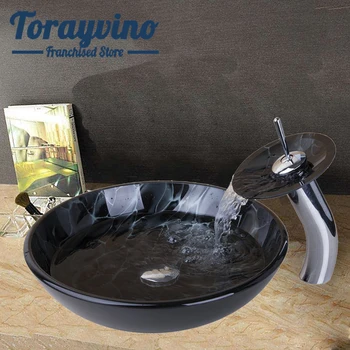 

bathroom hair wash basin set lavatorio de banheiro tempered glass hand painting black sink with waterfall tap set mixer faucet
