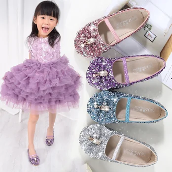 

Princess Kids Leather Shoes For Girls Flower Casual Glitter Children Girls Shoes Butterfly Knot Blue Pink Silver