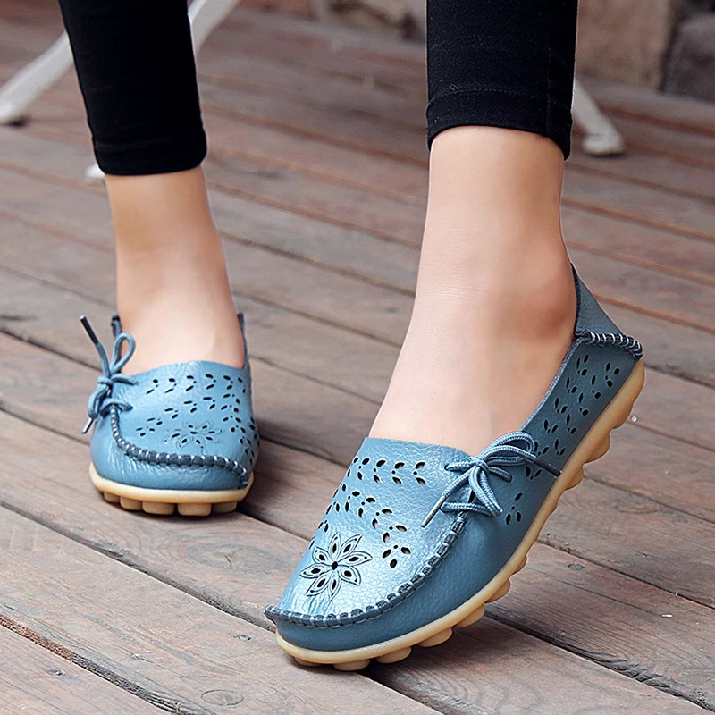 2019 Spring Women Flats Shoes Woman Genuine Leather Ladies Female Cutout Slip On Ballet Flat Loafers Big Size 34-44 | Обувь