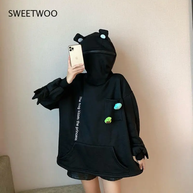 Frog Hoodie Winter Fashion 2021 Splice Sweatshirt Women Long Sleeve Pullover Casual Loose Tops Black Plus Velvet Hoodie