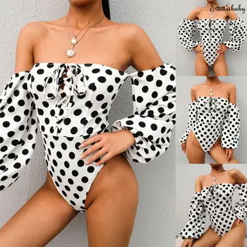 

Sexy Women's Lady Off Shoulder Jumpsuits Long Sleeve Polka Dot Tops Rompers
